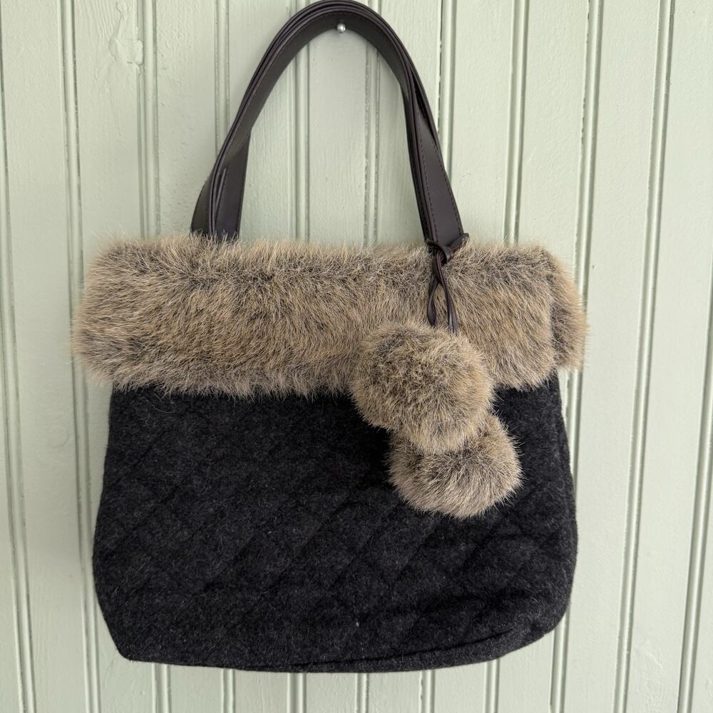 Vtg Y2K Purse Gray Wool Handbag Quilted Faux Fur Trim & Pom Pom Shoulder Bag